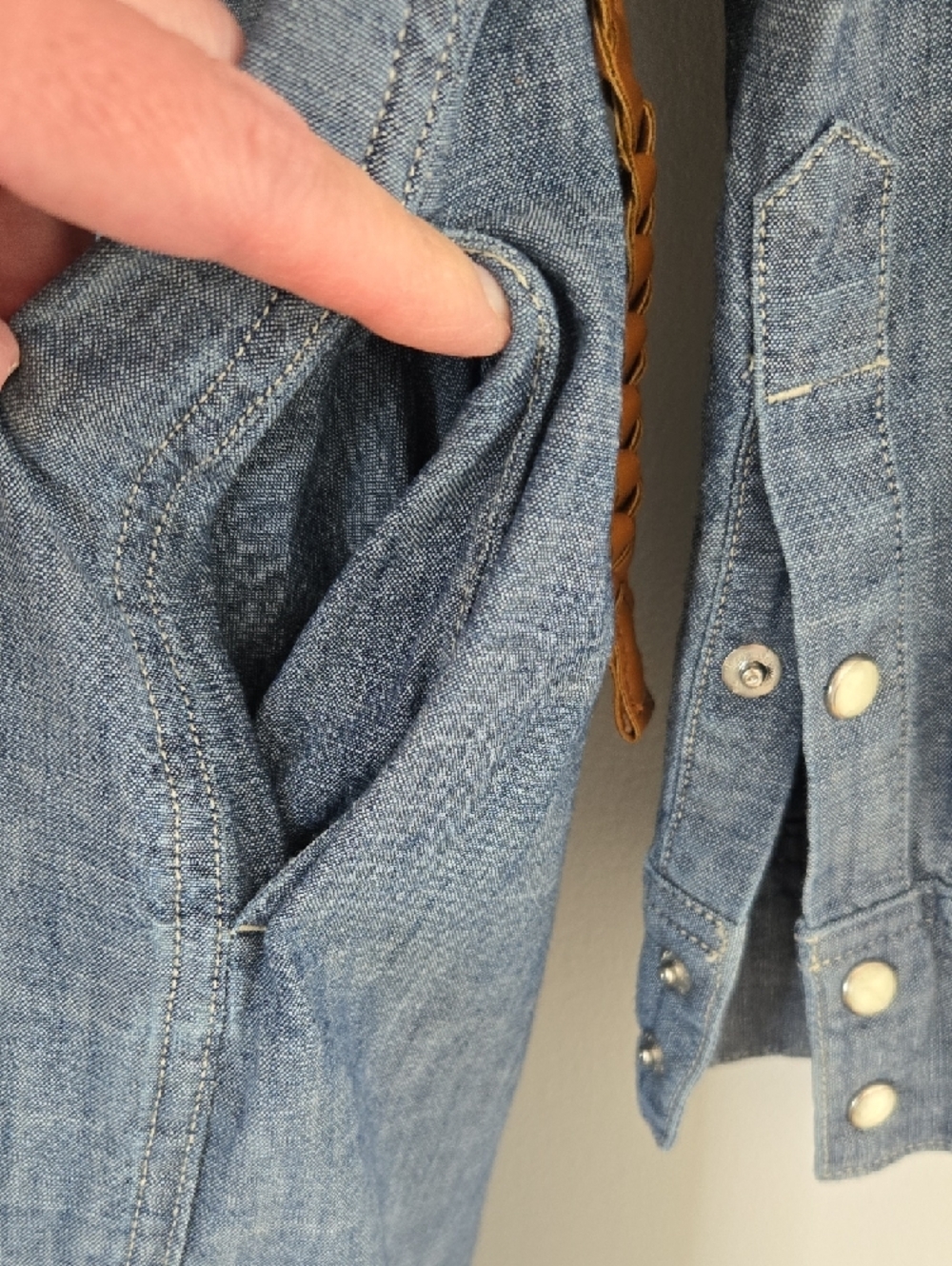 Levi's Blue Chambray Shirt Dress with Braided Brown Belt - Picture 8 of 9